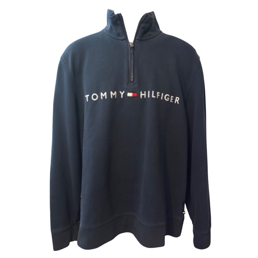 Tommy Hilfiger Quarter Zip Pullover Mens L Navy Blue Excellent Embroidered Logo